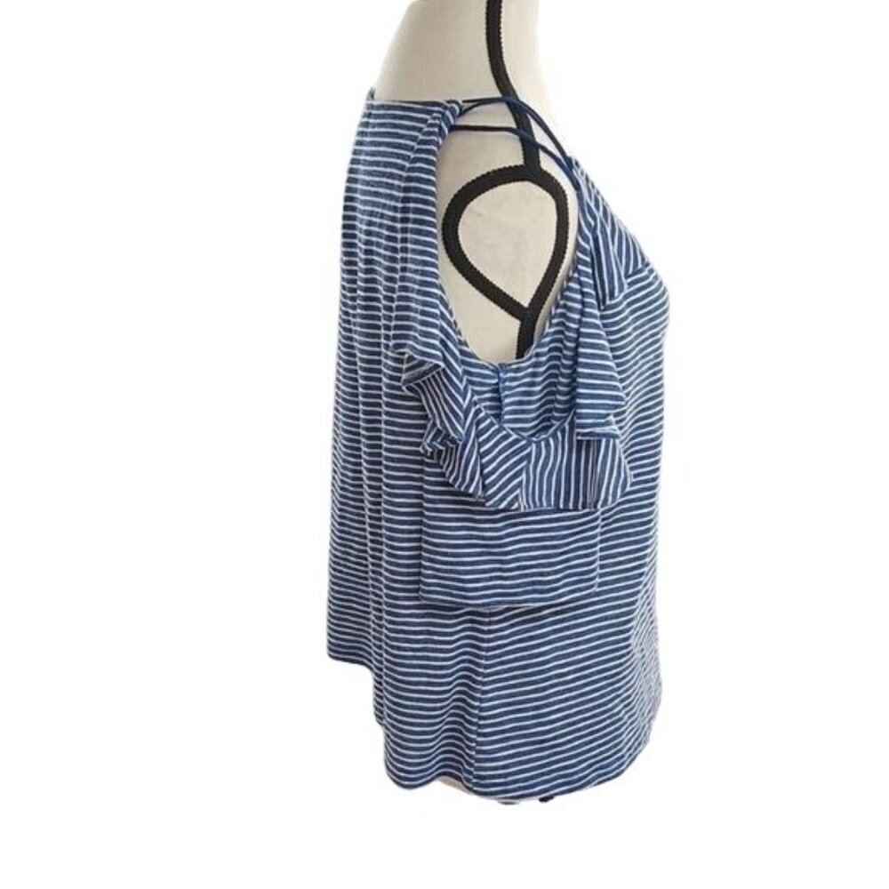 Lucky Brand Womens XS Blue White Stripe Cold Shoulder Ruffle Top Summer Casual - Picture 5 of 8